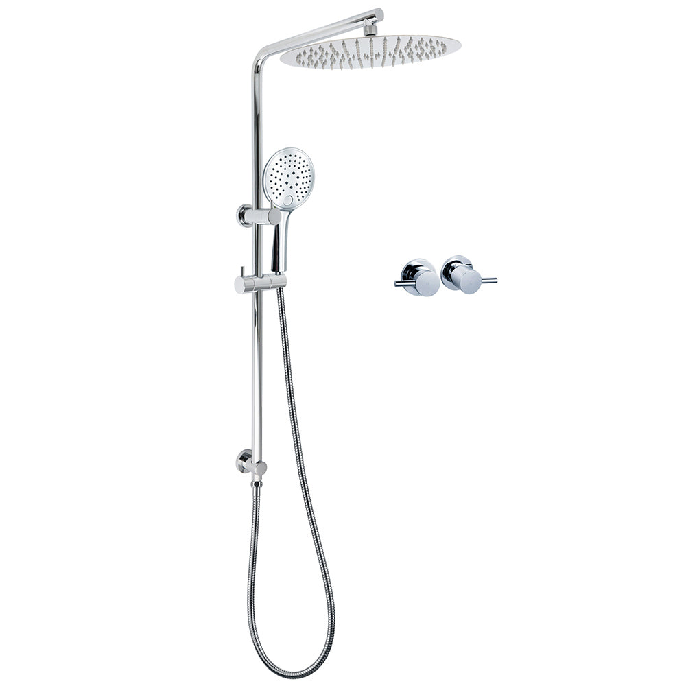 WELS Double Round Shower Head Handheld Sliding Rail Arm Chrome 12" Rainfall Twin Taps Set V1233-C4902B22HR003M4CKSR112CPF0282A