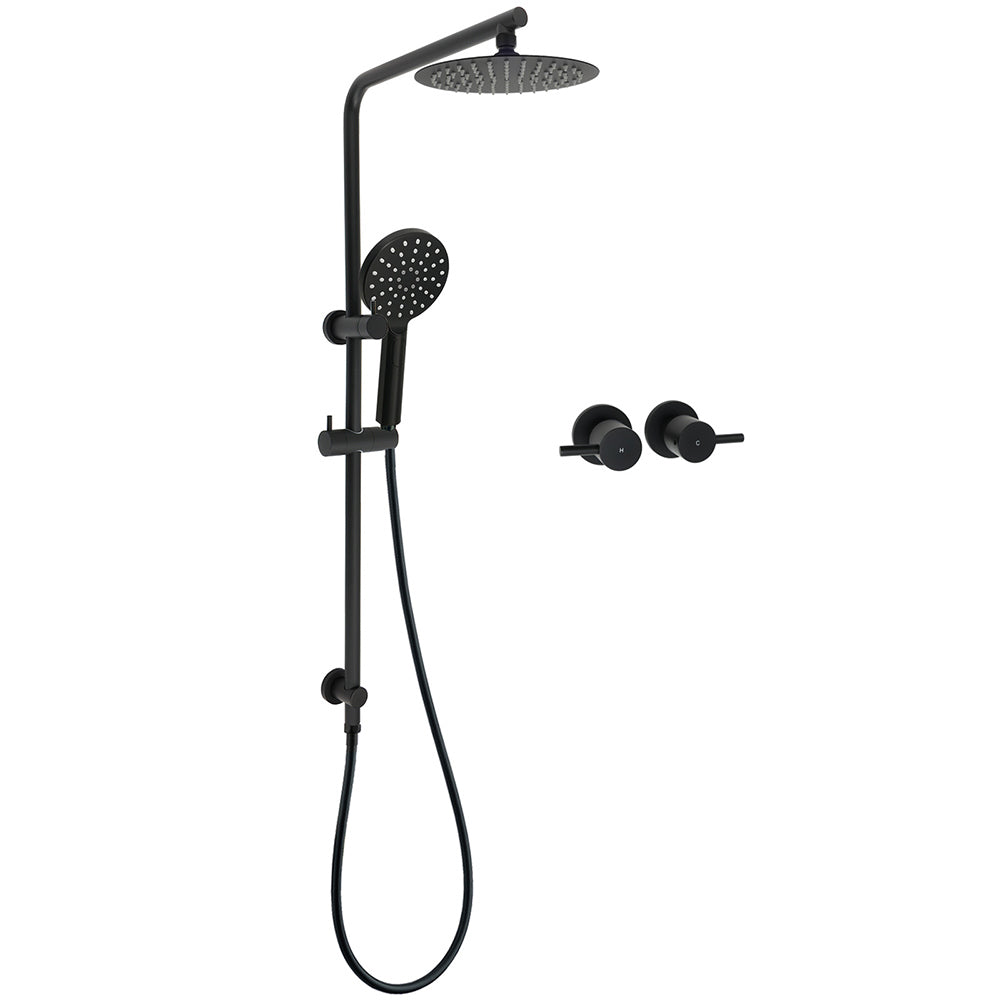 WELS Matt Black Round 2in1 8" Shower Head Sliding Rail Arm 3 Modes Handheld Twin Taps V1233-C4902B22PHR002M4CBKSR108BCPF0282ABK