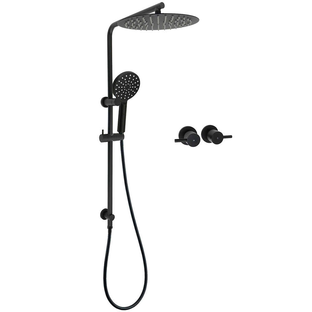 Matt Black Dual Shower 12" Large Shower Rain Head + Handheld Silde Wall Rail Twin Taps Set V1233-C4902B22PHR002M4CBKSR112BCPF0282ABK