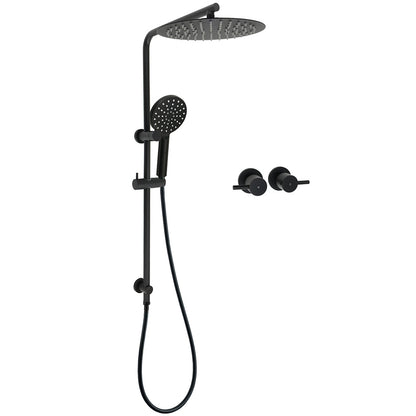 Matt Black Dual Shower 12" Large Shower Rain Head + Handheld Silde Wall Rail Twin Taps Set V1233-C4902B22PHR002M4CBKSR112BCPF0282ABK