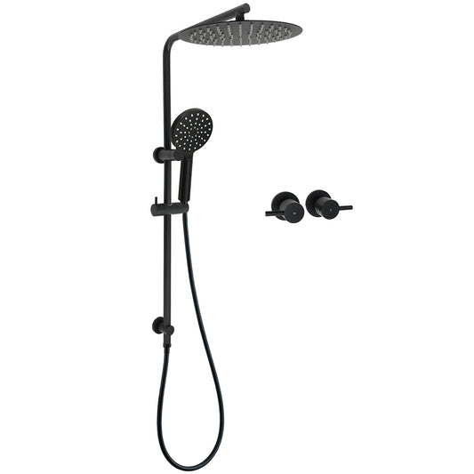 Matt Black Dual Shower 12" Large Shower Rain Head + Handheld Silde Wall Rail Twin Taps Set V1233-C4902B22PHR002M4CBKSR112BCPF0282ABK