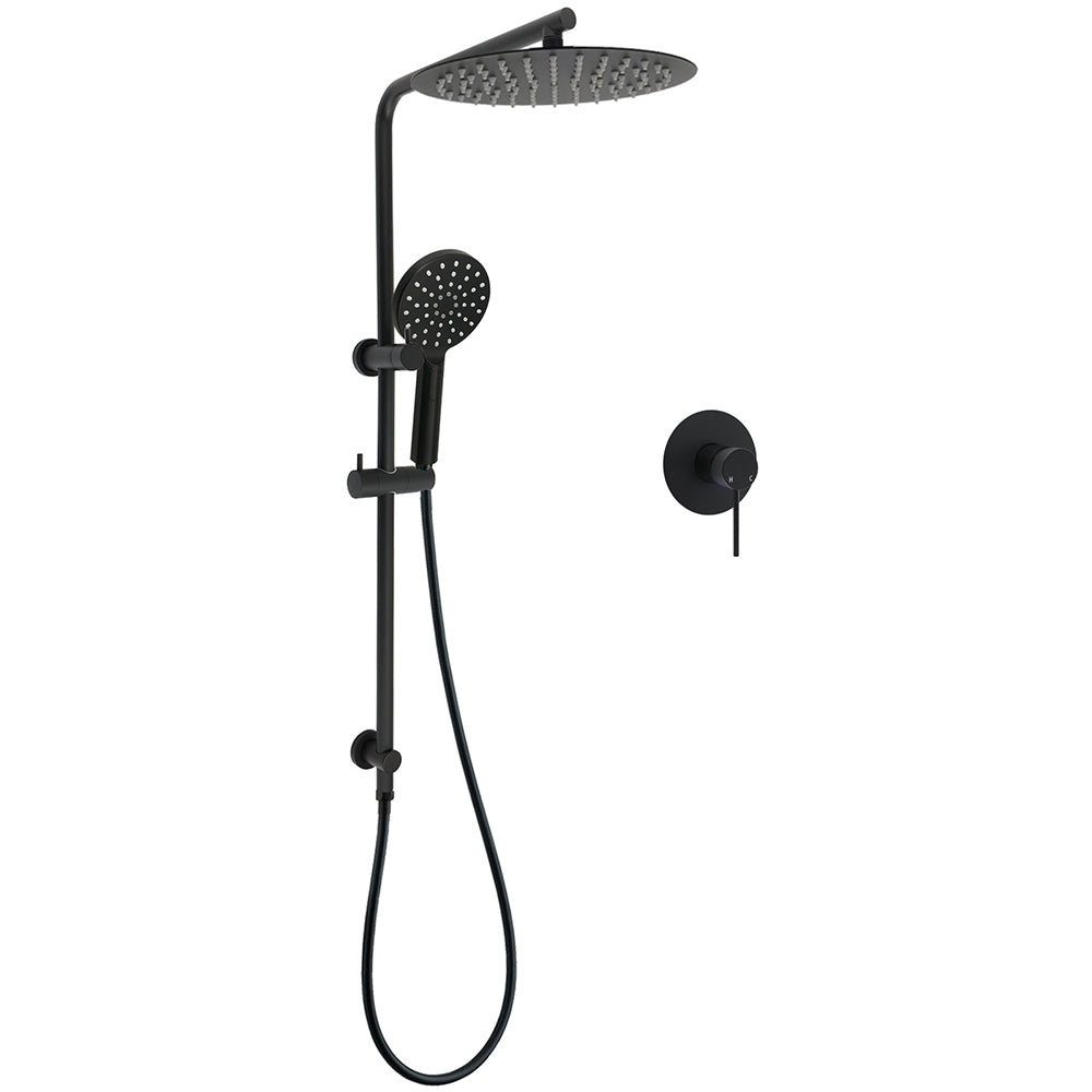 WELS Matt Black Dual Shower 12" Large Shower Rain Head + Handheld Silde Wall Rail Mixer Set V1233-C4902B22PHR002M4CBKSR112BKRD201B