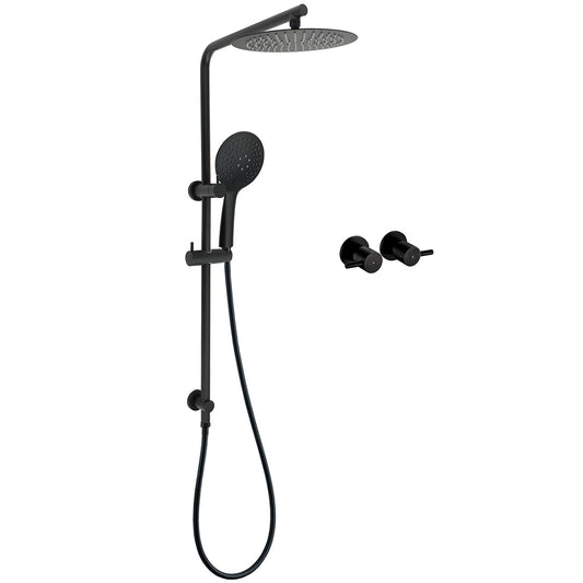Matt Black Twin 10" Shower Head 3 Modes Handheld 2in1 Wall Rail Arm Round Taps V1233-C4902B22PHR003M4CBKSR110BCPF0282ABK
