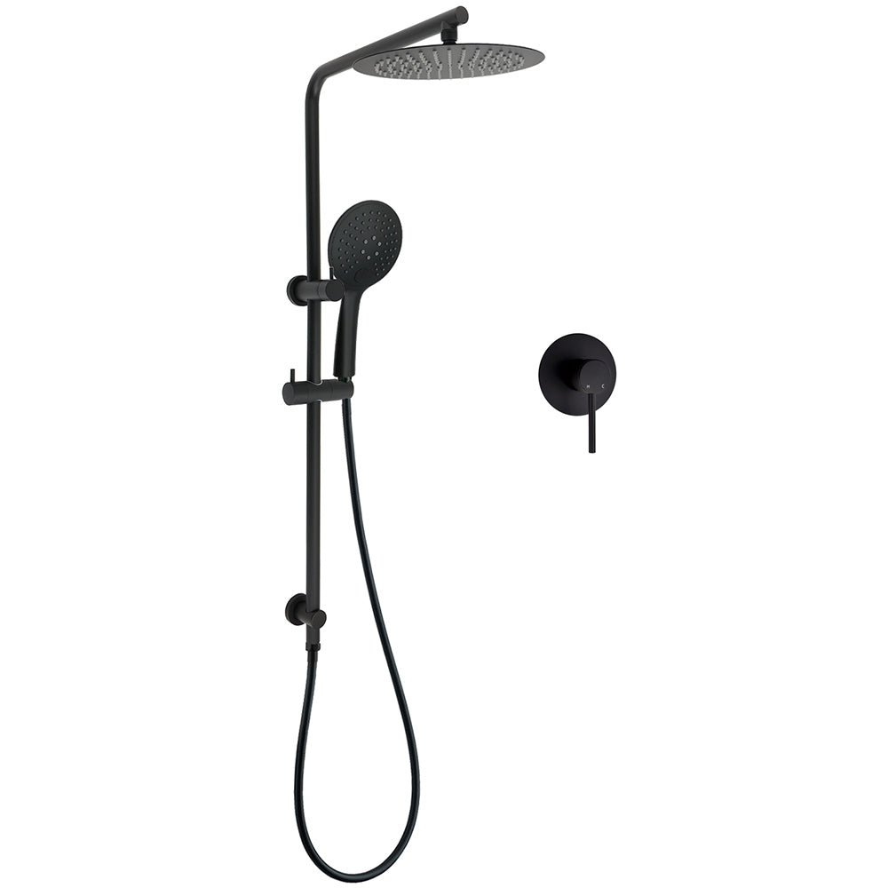 Matt Black Twin 10 Inch Shower Head 3 Modes Handheld 2in1 Wall Rail Arm Round Mixer V1233-C4902B22PHR003M4CBKSR110BKRD201B