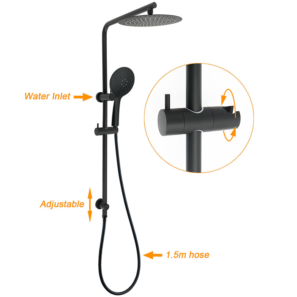 Matt Black Twin 10 Inch Shower Head 3 Modes Handheld 2in1 Wall Rail Arm Round Mixer V1233-C4902B22PHR003M4CBKSR110BKRD201B