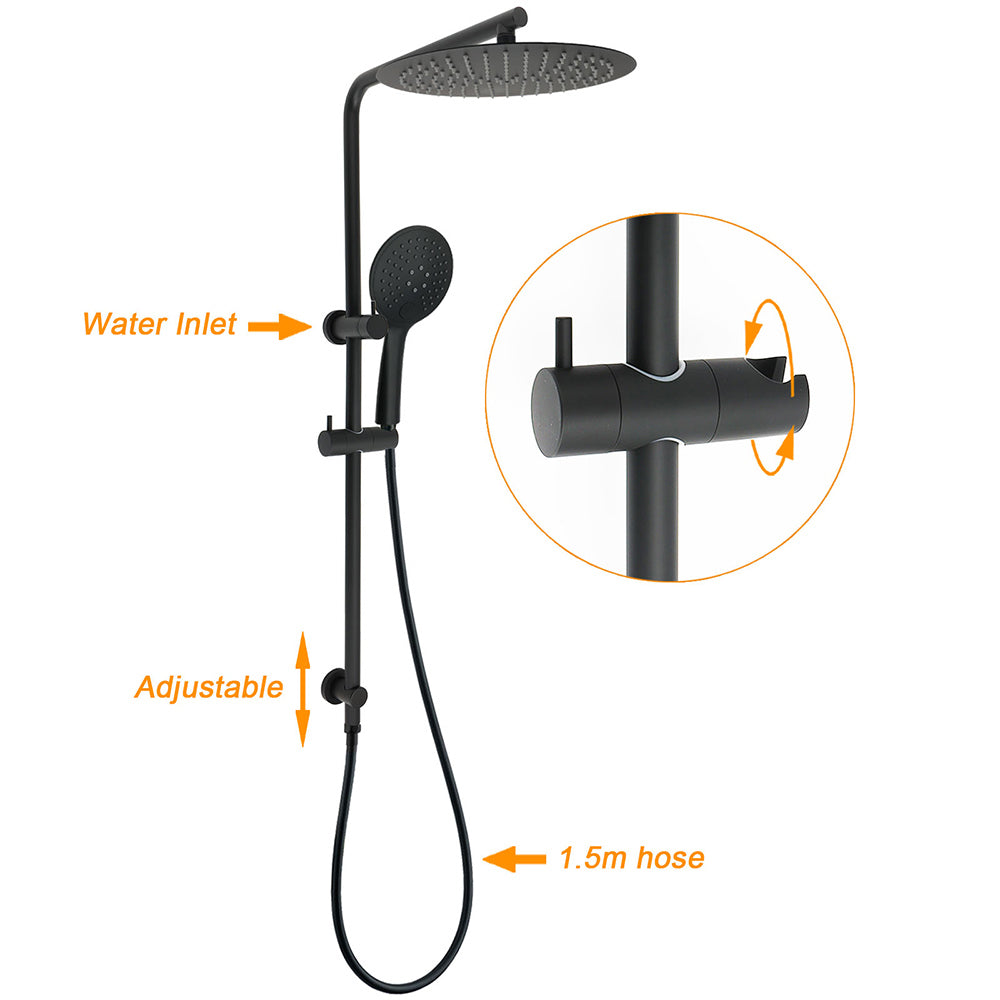 Matt Black Shower Set 12" Large Rain Head Handheld Sliding Rail Arm Round WELS V1233-C4902B22PHR003M4CBKSR112B