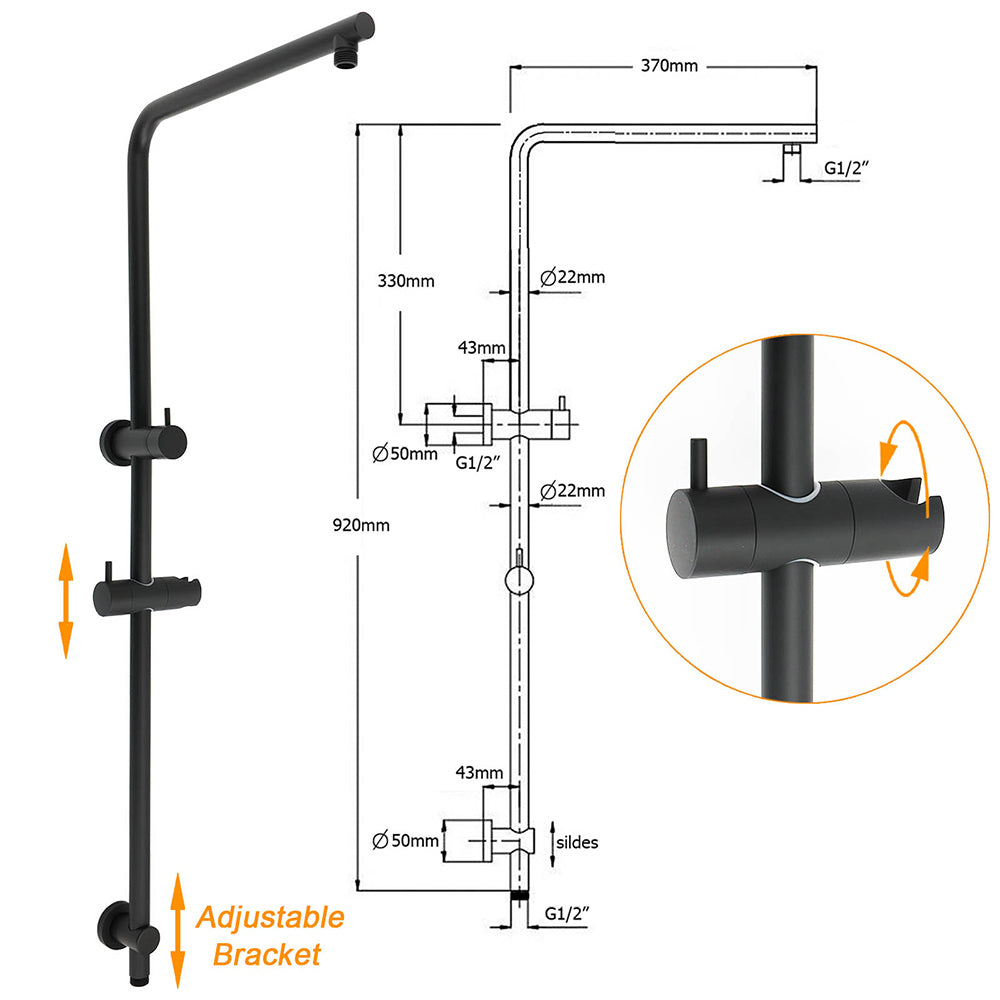Matt Black Shower Set 12" Large Rain Head Handheld Sliding Rail Arm Round WELS V1233-C4902B22PHR003M4CBKSR112B