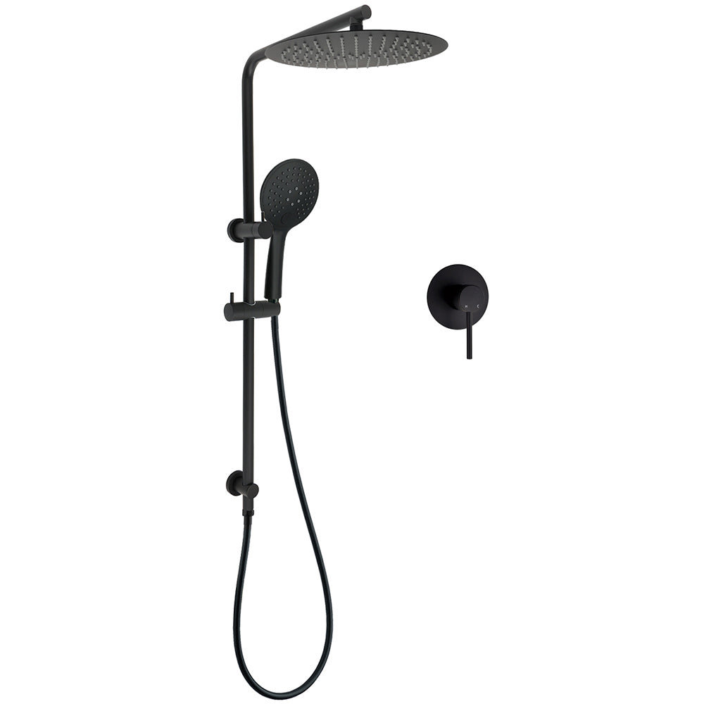 WELS Matt Black Shower Set 12" Large Rain Head Handheld Sliding Rail Arm Round Mixer V1233-C4902B22PHR003M4CBKSR112BKRD201B
