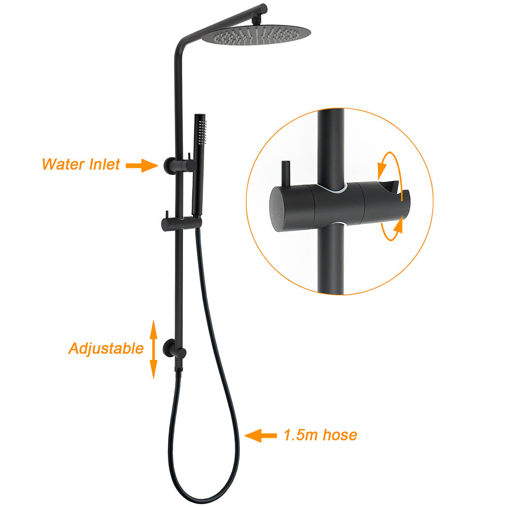 Matt Black Round 250mm Rain Shower Head Brass Handheld Slide Rail Riser Arm Set V1233-C4902B22PHT006CBKSR110B