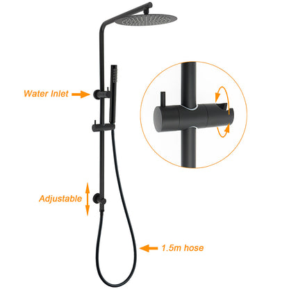 Matt Black Round 250mm Rain Shower Head Brass Handheld Slide Rail Riser Arm Set V1233-C4902B22PHT006CBKSR110B