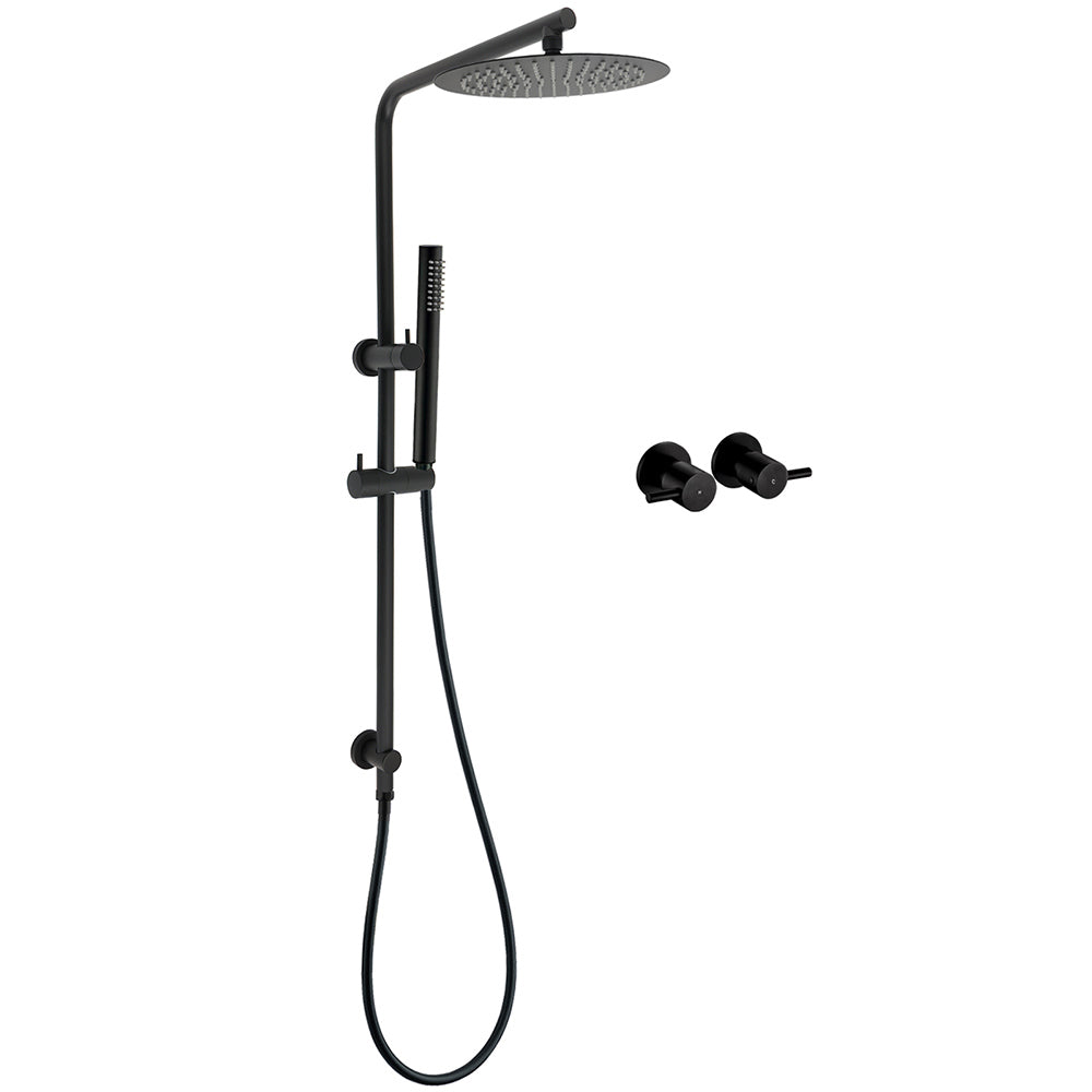 Matt Black Round 10" Rain Shower Head Brass Handheld Slide Rail Riser Arm Twin Taps Set V1233-C4902B22PHT006CBKSR110BCPF0282ABK