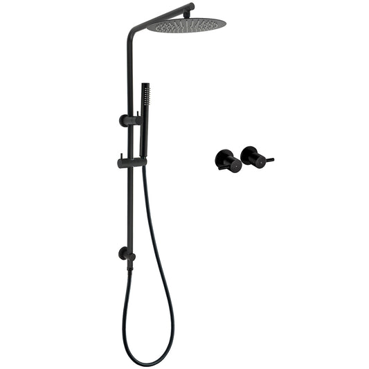 Matt Black Round 10" Rain Shower Head Brass Handheld Slide Rail Riser Arm Twin Taps Set V1233-C4902B22PHT006CBKSR110BCPF0282ABK