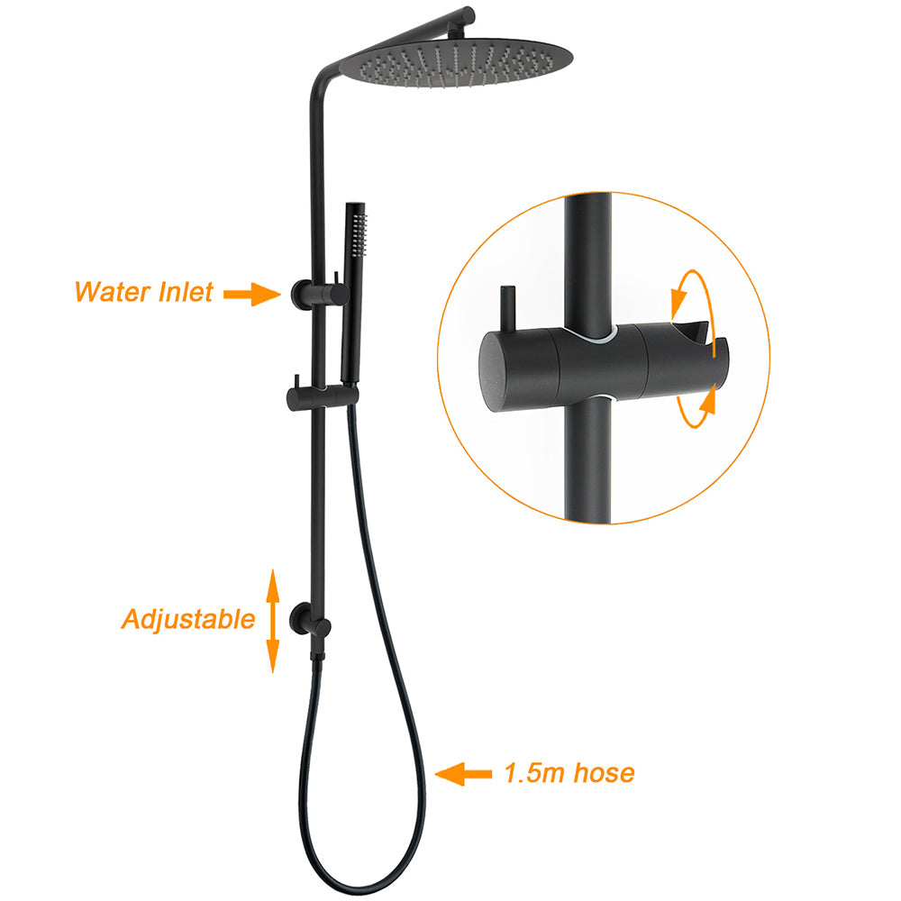 Round 300mm Rain Shower Head Brass Handheld Riser Rail Set Diverter Matt Black V1233-C4902B22PHT006CBKSR112B