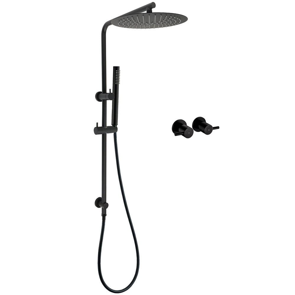 Matt Black Round 12" Rain Shower Head Brass Handheld Riser Rail Set Diverter Mixer Taps V1233-C4902B22PHT006CBKSR112BCPF0282ABK