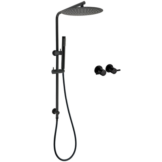 Matt Black Round 12" Rain Shower Head Brass Handheld Riser Rail Set Diverter Mixer Taps V1233-C4902B22PHT006CBKSR112BCPF0282ABK