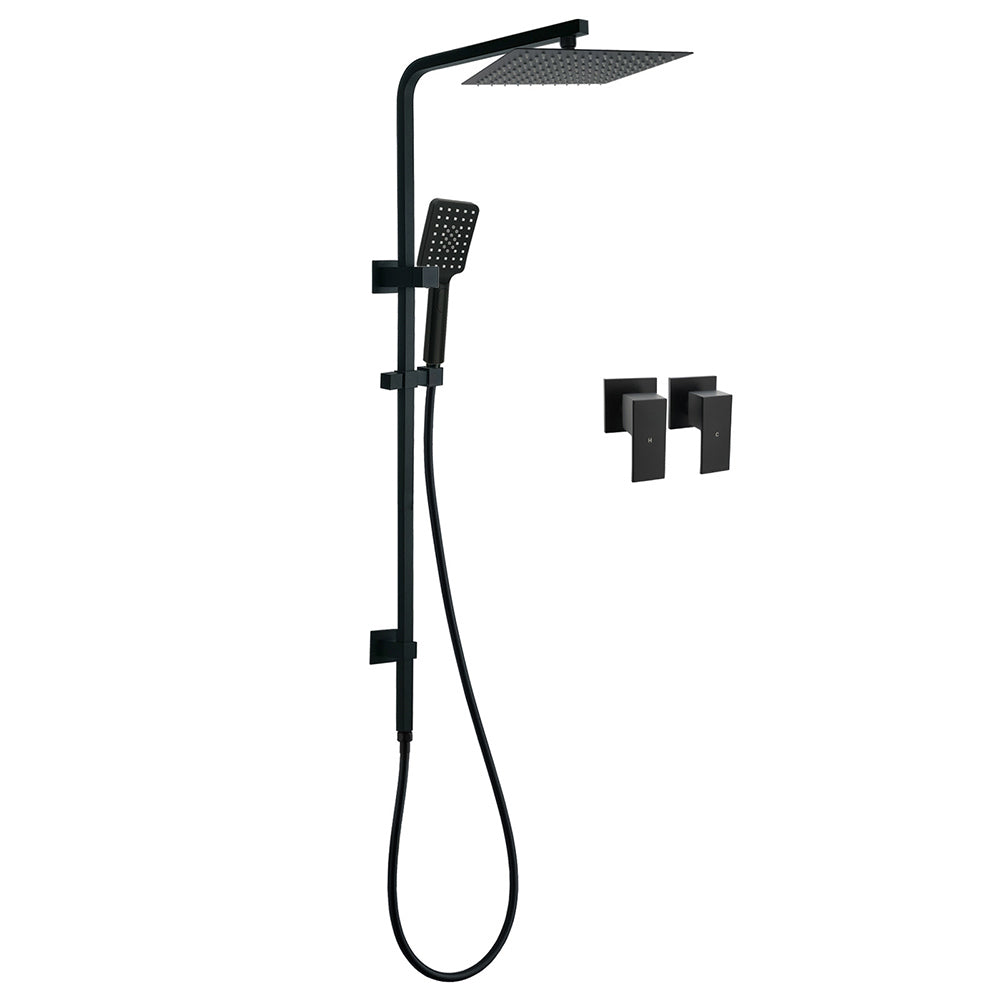 Matt Black Twin Shower Set Square 10" Rain Head 3 Modes Handheld Wall Arm Rail + Taps V1233-C6202BHS002M4CBKSS110BCPF0272BK