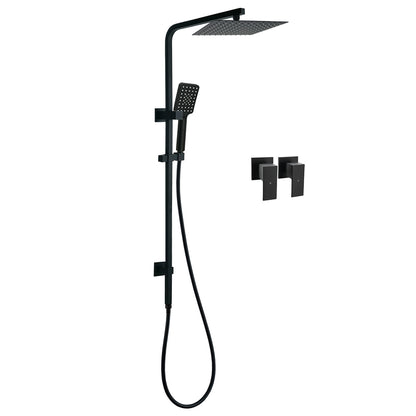Matt Black Twin Shower Set Square 10" Rain Head 3 Modes Handheld Wall Arm Rail + Taps V1233-C6202BHS002M4CBKSS110BCPF0272BK