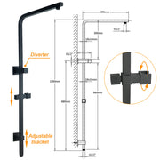 Dual Shower Square Large 12" Rainfall Head 3 Modes Handheld Wall Rail Matt Black V1233-C6202BHS002M4CBKSS112B