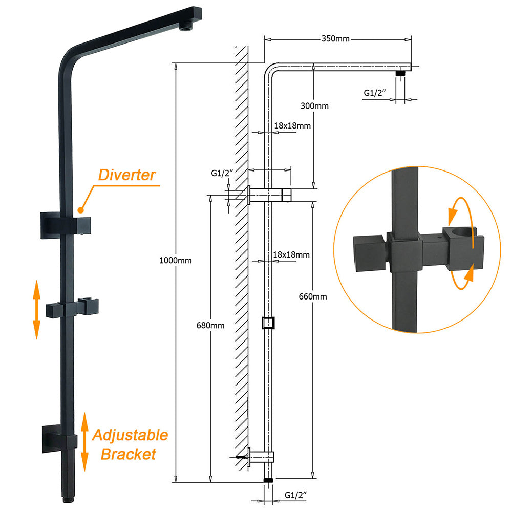 Dual Shower Square Large 12" Rainfall Head 3 Modes Handheld Wall Rail Matt Black V1233-C6202BHS002M4CBKSS112B
