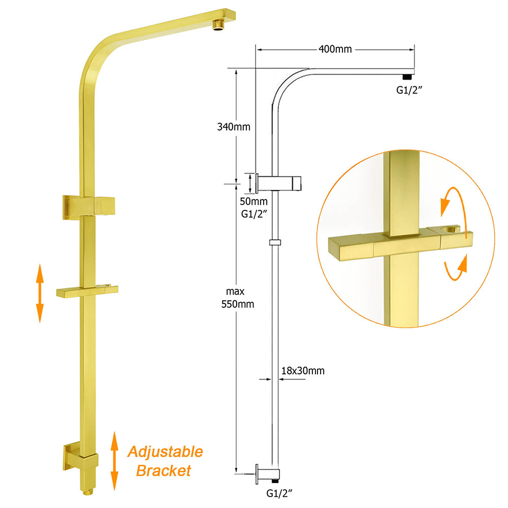 Brushed Gold 2in1 Set 8" Square Rain Shower Head 3 Modes Handheld Silde Rail Arm Twin Taps V1233-C7121GHS002M4CGKSS108GCPF0272AG