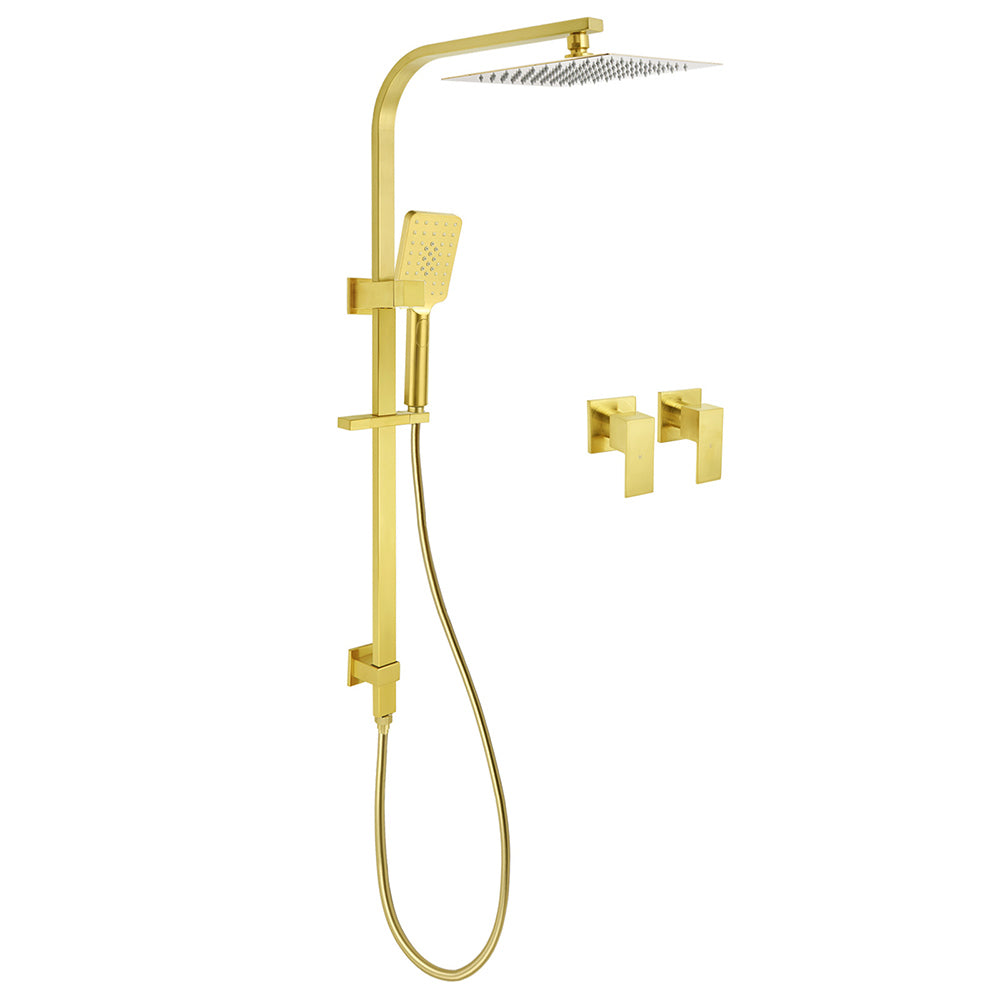 WELS Brushed Gold Square Shower 10" Thin Rain Head Handheld Silde Rail Arm 2in1 Taps Set V1233-C7121GHS002M4CGKSS110GCPF0272AG