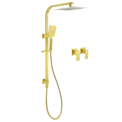 WELS Brushed Gold Square Shower 10" Thin Rain Head Handheld Silde Rail Arm 2in1 Taps Set V1233-C7121GHS002M4CGKSS110GCPF0272AG