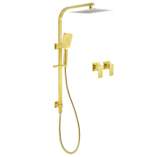 WELS Brushed Gold Square Shower 10" Thin Rain Head Handheld Silde Rail Arm 2in1 Taps Set V1233-C7121GHS002M4CGKSS110GCPF0272AG