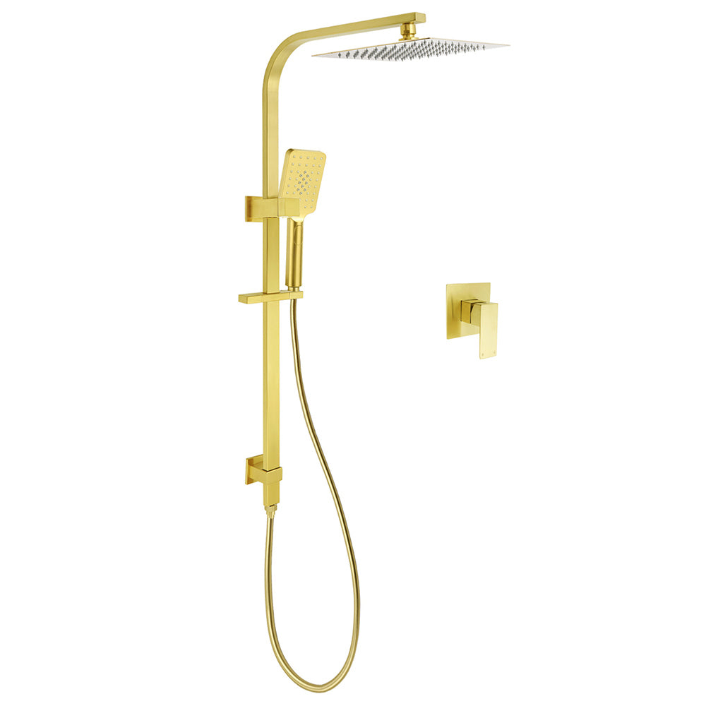 WELS Brushed Gold Square Shower 10" Large Rain Head Handheld Silde Rail Arm 2in1 Set + Mixer V1233-C7121GHS002M4CGKSS110GKSQ201G