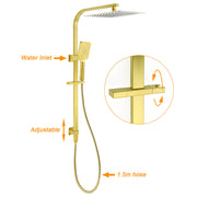 WELS Brushed Gold Square Shower 12" Large Rain Head Handheld Silde Rail Arm 2in1 Set V1233-C7121GHS002M4CGKSS112G