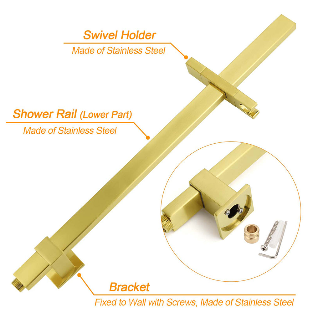 WELS Brushed Gold Square Shower 12" Large Rain Head Handheld Silde Rail Arm 2in1 Set V1233-C7121GHS002M4CGKSS112G