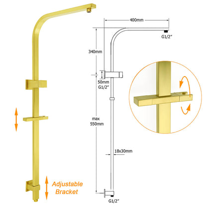 WELS Brushed Gold Square Shower 12" Large Rain Head Handheld Silde Rail Arm 2in1 Set V1233-C7121GHS002M4CGKSS112G