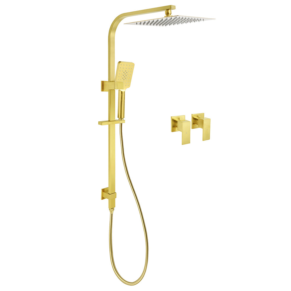 WELS Brushed Gold Square Shower 12" Large Rain Head 3 Modes Handheld Silde Rail Arm 2in1 Taps Set V1233-C7121GHS002M4CGKSS112GCPF0272AG