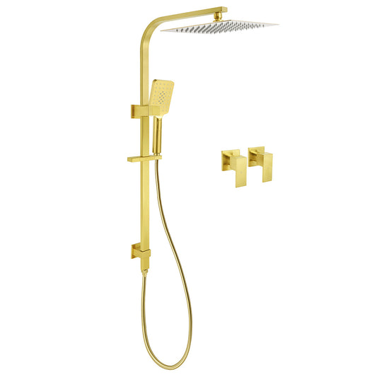 WELS Brushed Gold Square Shower 12" Large Rain Head 3 Modes Handheld Silde Rail Arm 2in1 Taps Set V1233-C7121GHS002M4CGKSS112GCPF0272AG