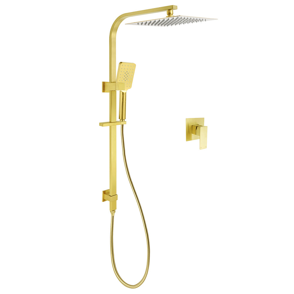 Brushed Gold Square Dual Shower 12" Large Rain Head Handheld Silde Rail Arm 2in1 Set + Mixer V1233-C7121GHS002M4CGKSS112GKSQ201G