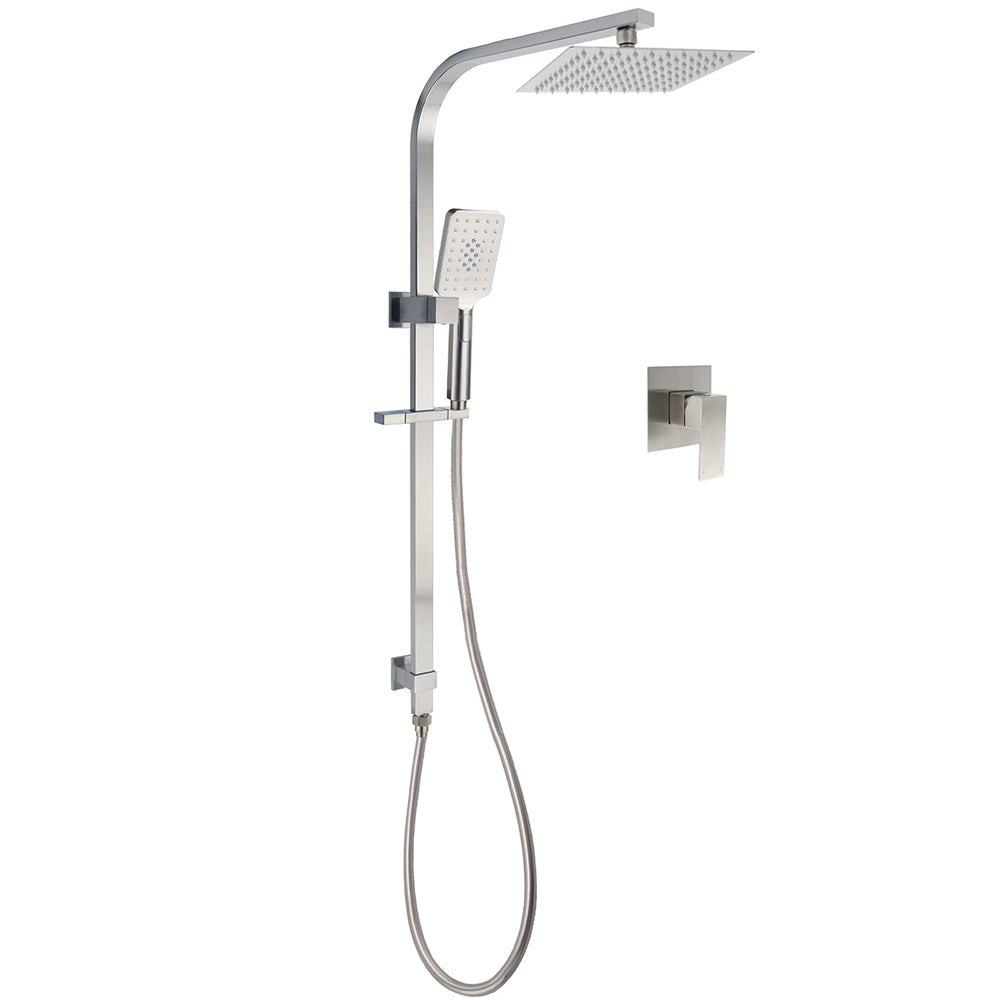 Brushed Nickel Square Twin Shower Set 8" Rain Head 3 Modes Handheld Silding Rail Mixer V1233-C7121NHS002M4CNKSS108NKSQ201N