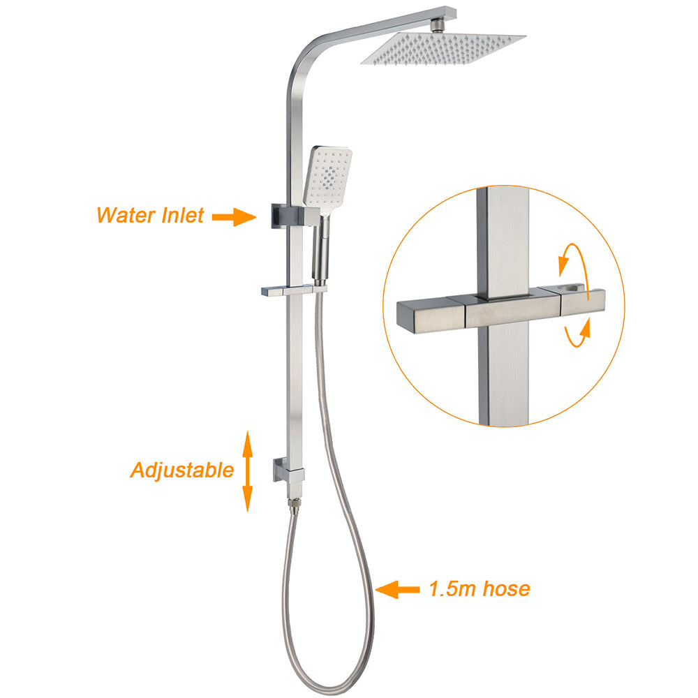 Brushed Nickel Square Twin Shower Set 8" Rain Head 3 Modes Handheld Silding Rail Mixer V1233-C7121NHS002M4CNKSS108NKSQ201N