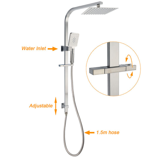 Brushed Nickel Square Twin Shower Set 8" Rain Head 3 Modes Handheld Silding Rail Mixer V1233-C7121NHS002M4CNKSS108NKSQ201N