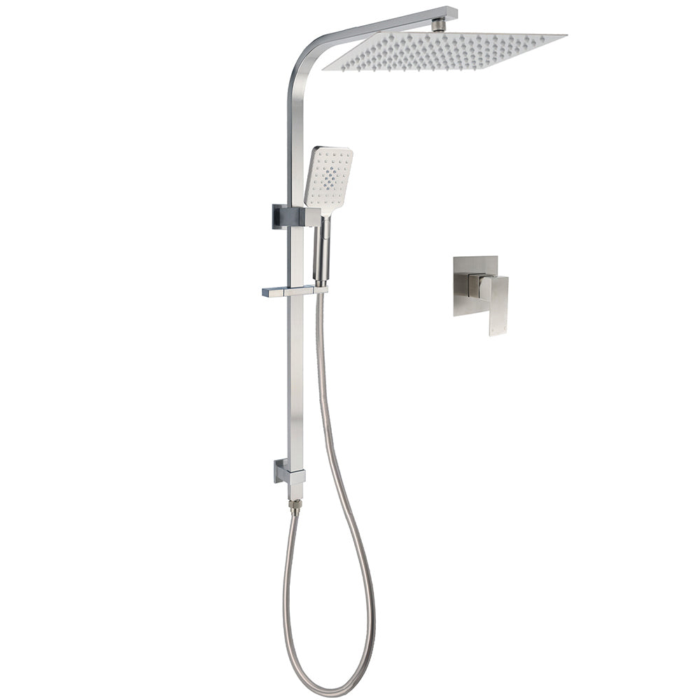 Brushed Nickel Square Twin Shower Set 12" Rain Head 3 Modes Handheld Silding Rail Wall Mixer V1233-C7121NHS002M4CNKSS112NKSQ201N