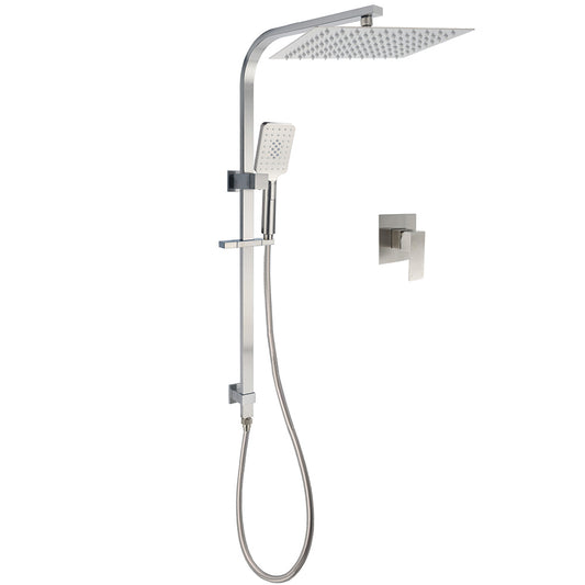 Brushed Nickel Square Twin Shower Set 12" Rain Head 3 Modes Handheld Silding Rail Wall Mixer V1233-C7121NHS002M4CNKSS112NKSQ201N