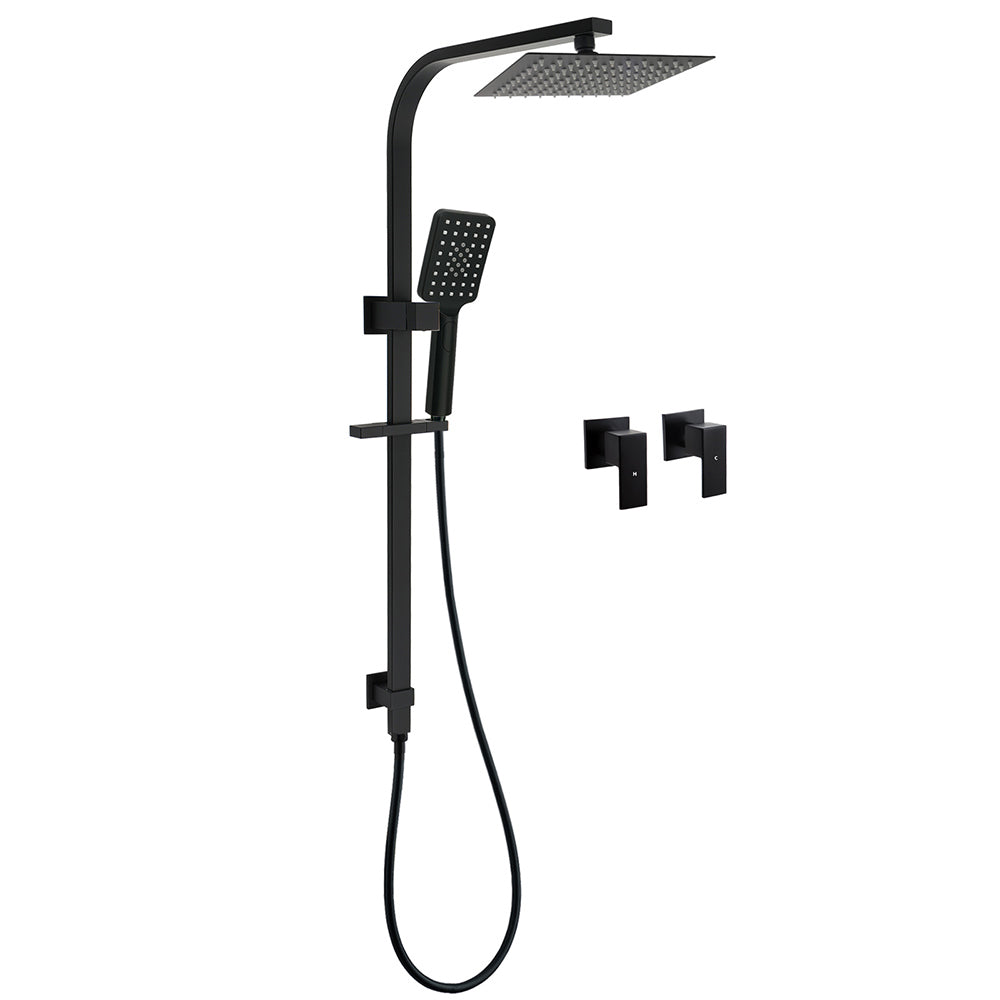 Matt Black Square Twin Shower Set 8" Rain Head 3 Modes Handheld Silde Rail Arm + Taps V1233-C7121SBHS002M4CBKSS108BCPF0272BK
