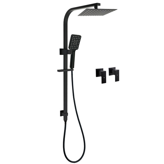 Matt Black Square Twin Shower Set 8" Rain Head 3 Modes Handheld Silde Rail Arm + Taps V1233-C7121SBHS002M4CBKSS108BCPF0272BK