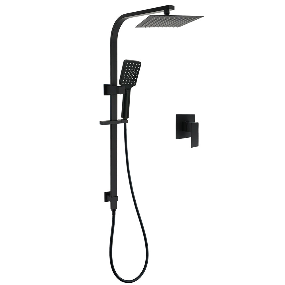 Matt Black Square Twin Shower Set 8" Rain Head 3 Modes Handheld Silde Rail Arm + Mixer V1233-C7121SBHS002M4CBKSS108BKSQ201B