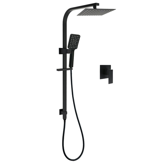 Matt Black Square Twin Shower Set 8" Rain Head 3 Modes Handheld Silde Rail Arm + Mixer V1233-C7121SBHS002M4CBKSS108BKSQ201B