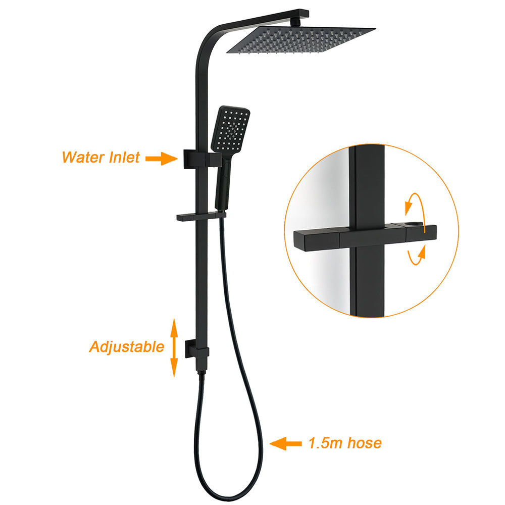 WELS Matt Black Dual Shower Set 10" Square Rain Head Handheld Silde Rail Arm Kit V1233-C7121SBHS002M4CBKSS110B