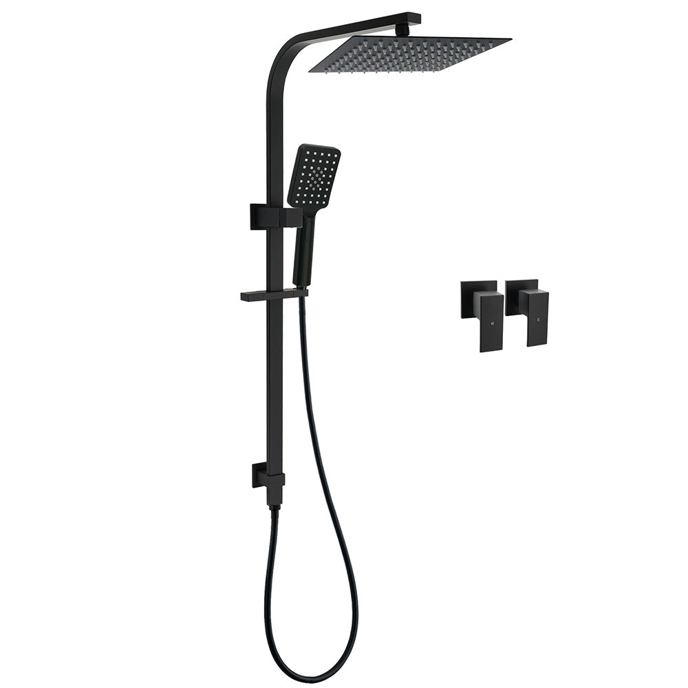 WELS Matt Black 2in1 Shower Set 10" Square Rain Head Handheld Silde Rail Arm Twin Taps V1233-C7121SBHS002M4CBKSS110BCPF0272BK