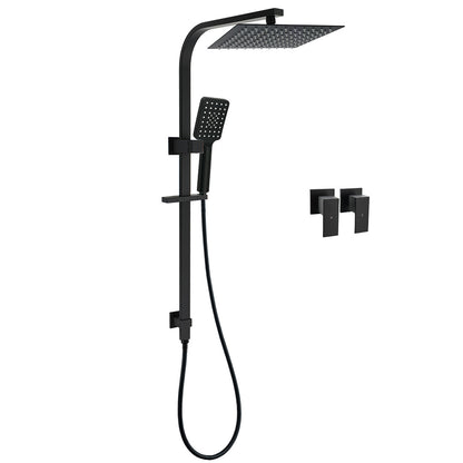 WELS Matt Black 2in1 Shower Set 10" Square Rain Head Handheld Silde Rail Arm Twin Taps V1233-C7121SBHS002M4CBKSS110BCPF0272BK