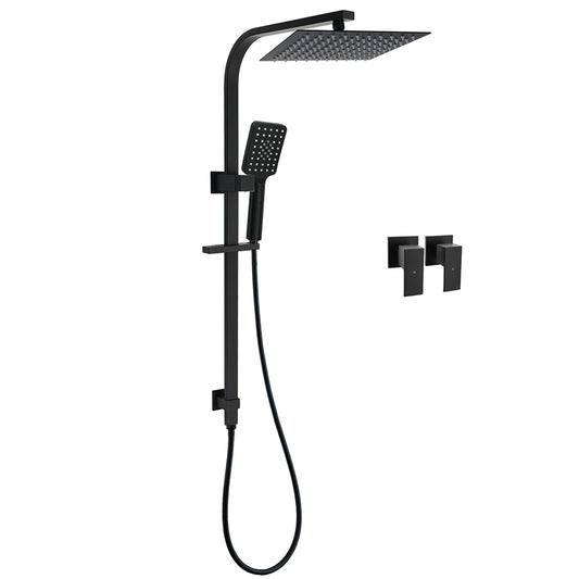 WELS Matt Black 2in1 Shower Set 10" Square Rain Head Handheld Silde Rail Arm Twin Taps V1233-C7121SBHS002M4CBKSS110BCPF0272BK