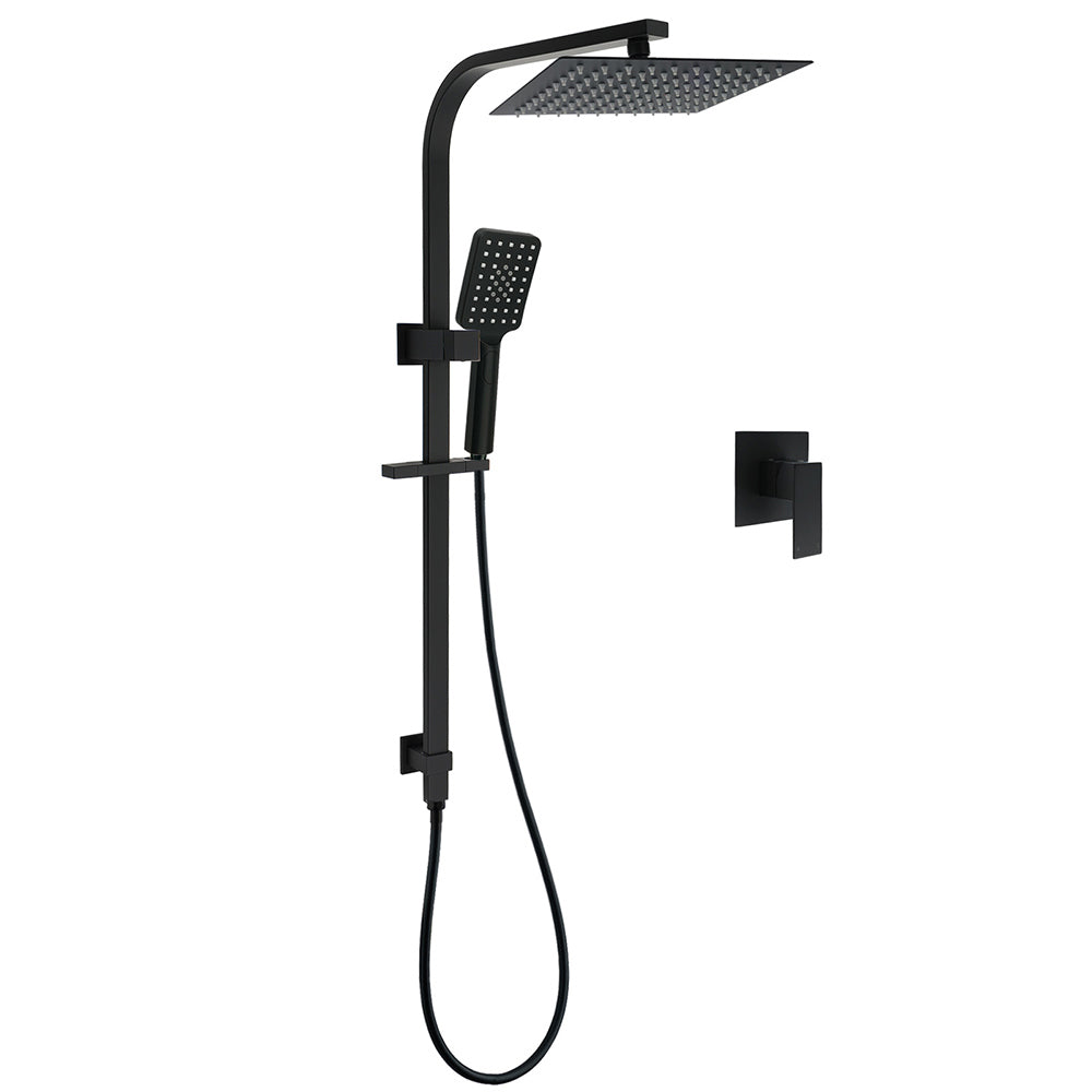 WELS Matt Black 2in1 Shower Set 10" Square Rain Head Handheld Silde Rail Arm Mixer Valve V1233-C7121SBHS002M4CBKSS110BKSQ201B
