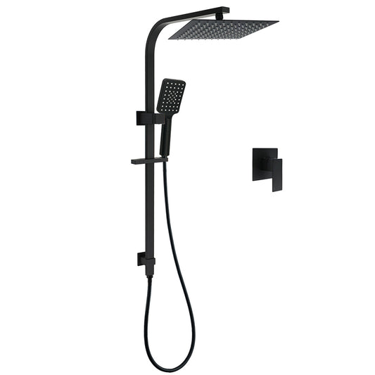 WELS Matt Black 2in1 Shower Set 10" Square Rain Head Handheld Silde Rail Arm Mixer Valve V1233-C7121SBHS002M4CBKSS110BKSQ201B