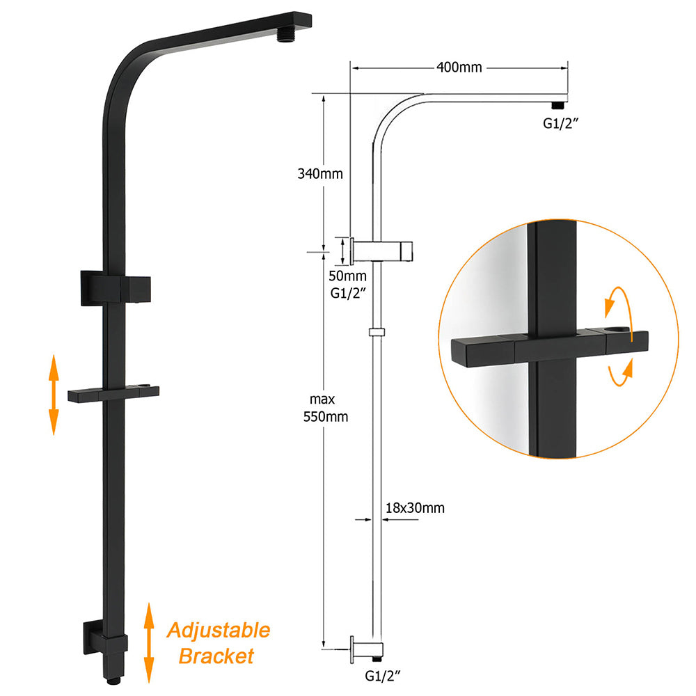 2in1 Shower Set Matt Black 12" Rainfall Head 3 Modes Handheld Silding Rail Combo V1233-C7121SBHS002M4CBKSS112B